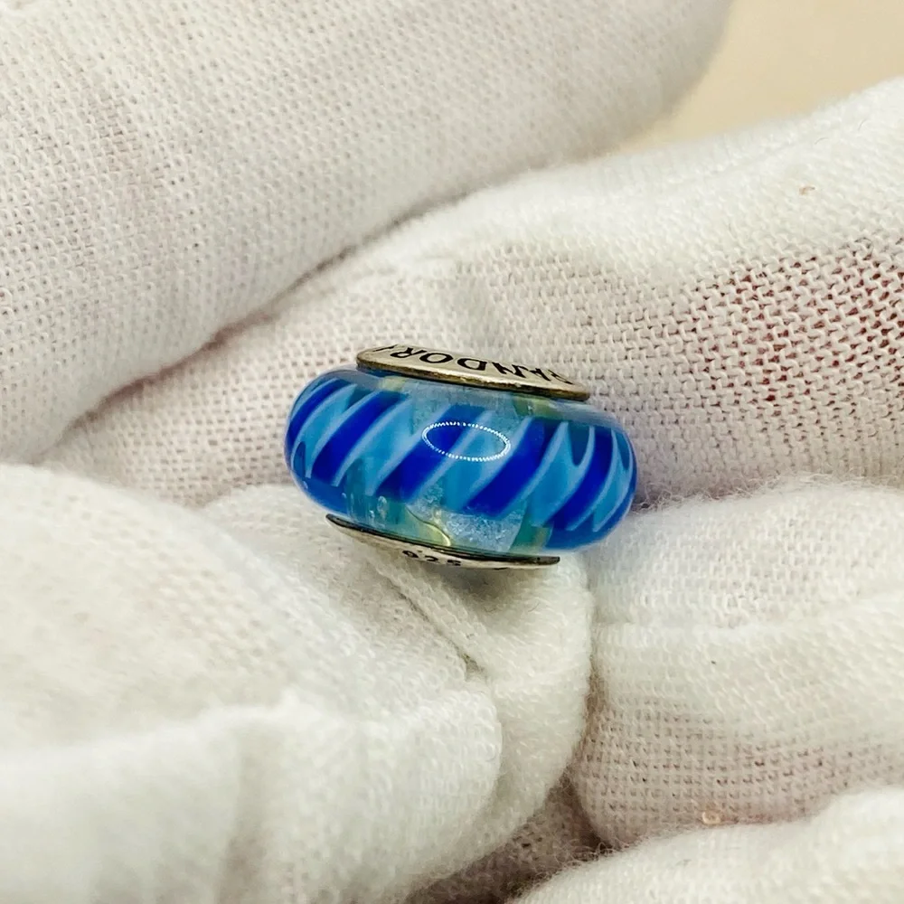 EUC Pandora 790611 Striped Teal & Blue Murano Glass Charm